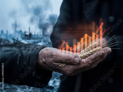 Hands of farmer holding wheat ears with rising red financial growth graph, concept of rising food prices and global food crisis.