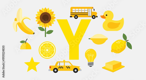 A colorful vector graphic illustration of the letter Y surrounded by various yellow objects
