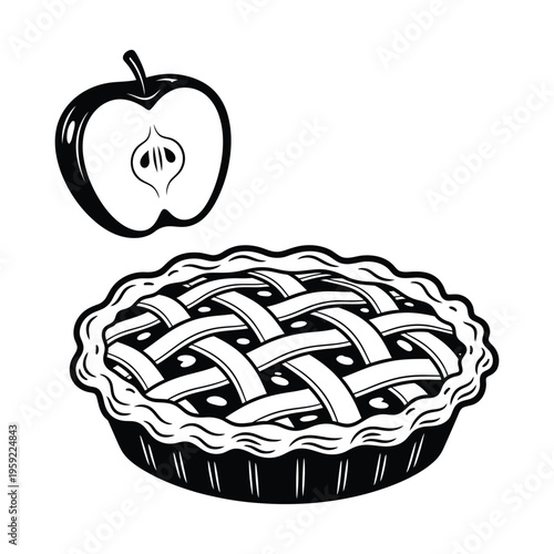 Black and white illustration of a classic apple pie with a lattice crust next to a cross-section of a sliced apple, showcasing a traditional dessert.