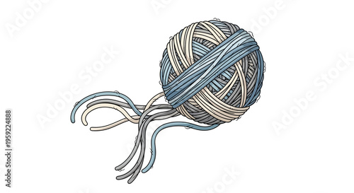 A vector illustration of a ball of yarn with loose threads on a white background
