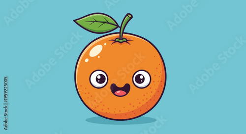 A cartoon orange with a smiling face and green leaf on a blue background