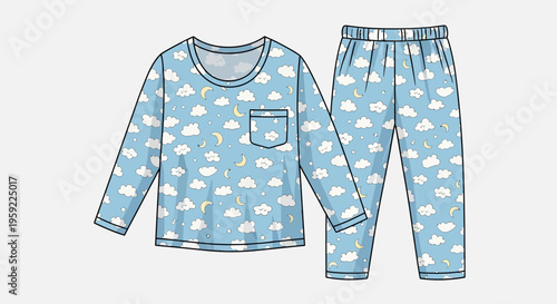 A vector illustration of blue pajamas with a cloud and moon pattern