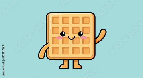 A cheerful cartoon waffle character with a smile on a light blue background
