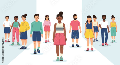 A diverse group of people standing together in a vector illustration of unity and individuality