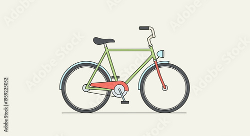 A colorful illustration of a bicycle with a green frame and red accents