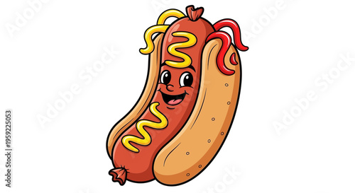 A cartoon hot dog with a smiling face and condiments on top