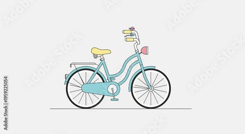 A colorful illustration of a bicycle with a teal frame and yellow seat