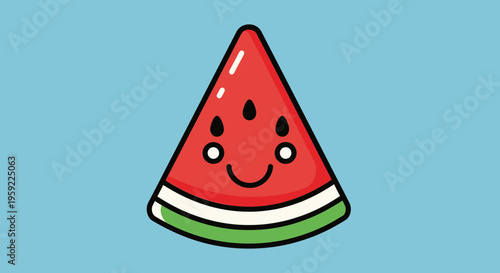 A cartoon watermelon slice with a smiling face on a blue background
