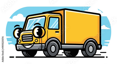 A cheerful yellow delivery truck with a smiling face drives against a blue sky with clouds.