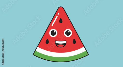A cartoon watermelon slice with a smiling face on a light blue background