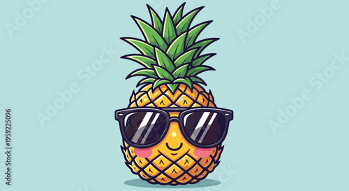 A cartoon pineapple wearing sunglasses on a light blue background