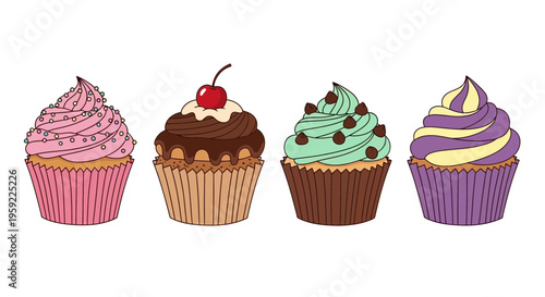 A colorful illustration of four cupcakes with different flavors and decorations