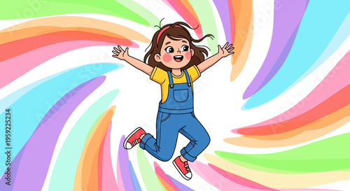 A colorful cartoon illustration of a happy girl jumping in front of a swirling rainbow background