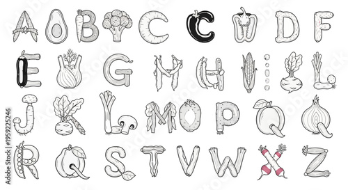 A vector graphic illustration of the alphabet with vegetable and food themed letters