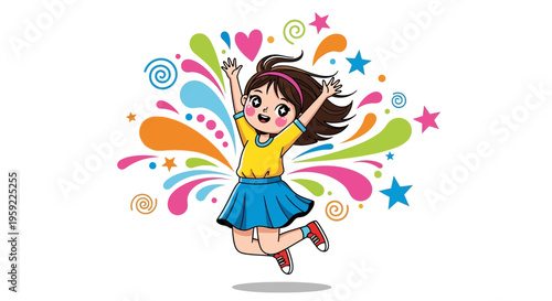 A colorful cartoon illustration of a happy girl jumping with joy surrounded by vibrant swirls and stars