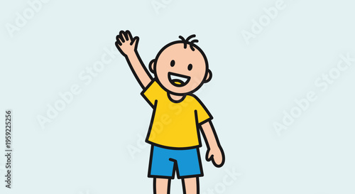 A cheerful cartoon boy waving his hand in a bright and colorful illustration