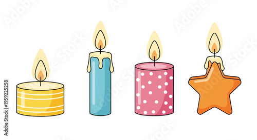 A colorful illustration of four lit candles in different shapes and patterns