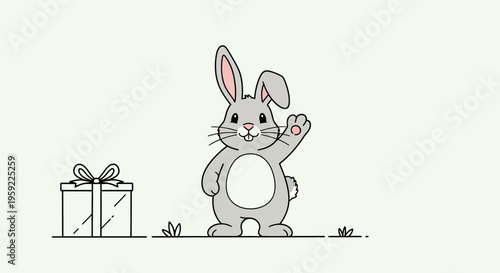 A cute cartoon bunny waving with a gift box on a simple background