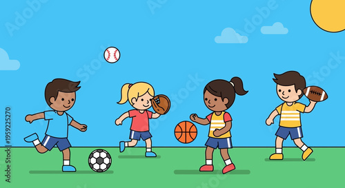 A colorful illustration of children playing various sports on a green field