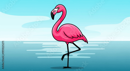 A vibrant pink flamingo stands alone in calm waters under a serene blue sky
