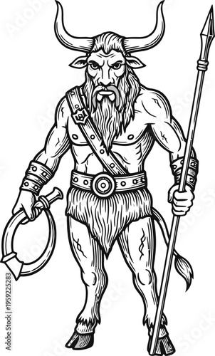 Minotaur holding a spear and a coiled whip