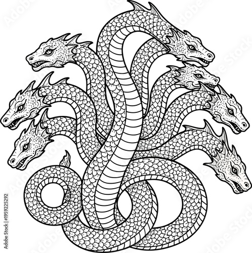 Multi headed hydra serpent monster with scaly bodies