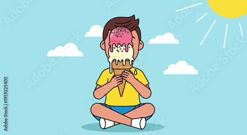 A cartoon boy sitting cross-legged enjoying a colorful ice cream cone on a sunny day