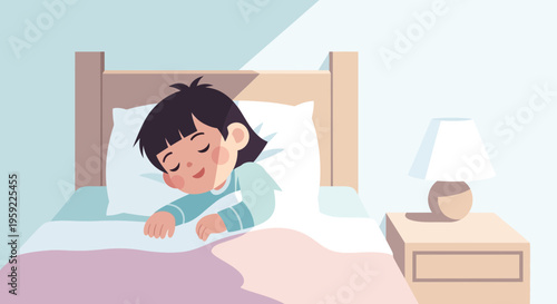 A peaceful cartoon illustration of a child sleeping in bed with a nightstand and lamp