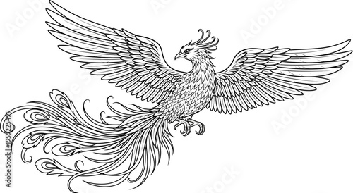 Phoenix bird flying with long flowing tail feathers
