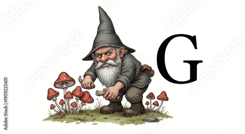 A whimsical illustration of a gnome tending to mushrooms in a lush green environment with a large letter G