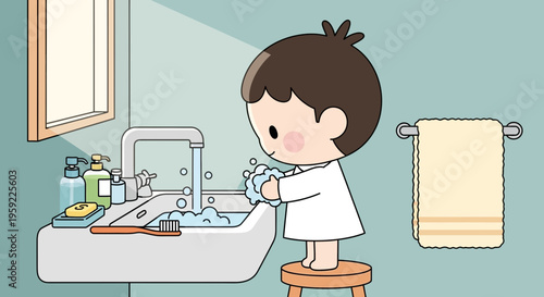 A cartoon child washing hands in a bathroom sink with soap bubbles