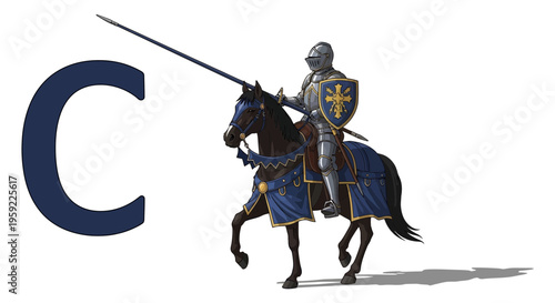 A medieval knight on horseback holding a sword and shield with a large letter C