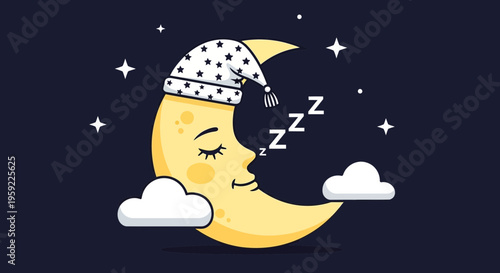 A cartoon moon wearing a sleep cap and sleeping peacefully among the stars and clouds