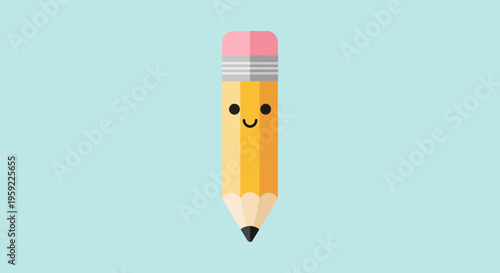 A cheerful cartoon pencil with a smiley face on a light blue background