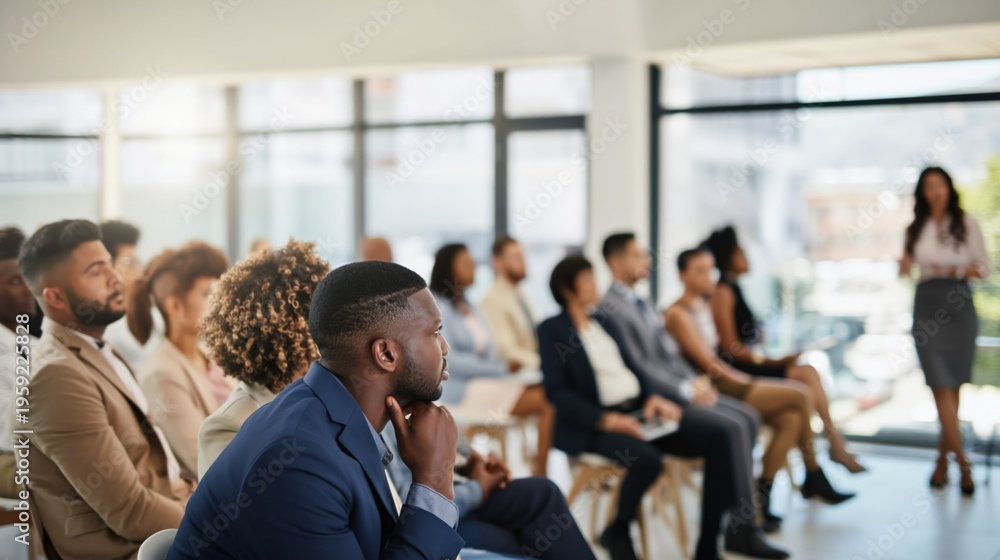 Obraz premium Male african adult attendee listening to female hispanic adult presenter during business seminar in bright modern conference room diverse audience