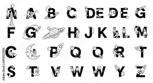 A vector graphic illustration of a space-themed alphabet with letters and celestial objects