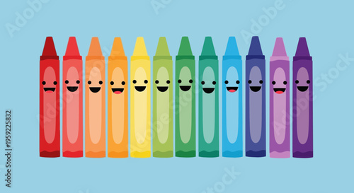 A colorful vector illustration of smiling crayons in a row on a light blue background
