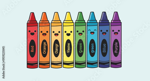 A colorful vector illustration of smiling crayons in different hues