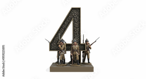 A sculpture of four soldiers standing behind a large decorative number four
