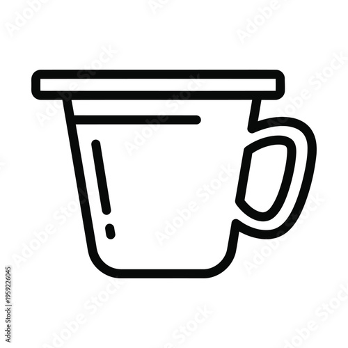Simple black and white line art icon of a mug with a handle and a rim, suitable for coffee, tea, or other beverages, representing a common kitchen item.