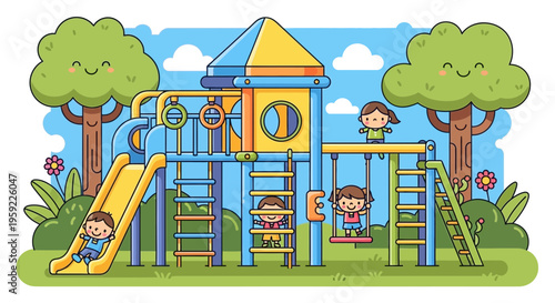 A colorful cartoon illustration of children playing on a playground with a slide and swings in a park