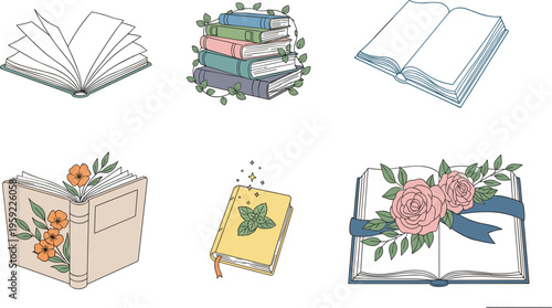 Decorative Book Vector Set with Floral Accents, Stacked Books, Open Pages, and Book Covers for Literature, Education, and Creative Design Projects