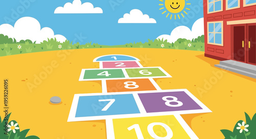 A colorful illustration of a hopscotch court drawn on a yellow playground surface in front of a red school building under a bright blue sky with fluffy white clouds and a smiling sun.
