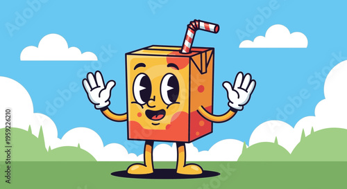 A cheerful cartoon juice box character standing in a green field with a blue sky and white clouds