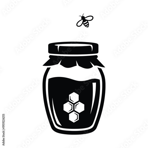 Black and white graphic illustration of a bee flying above a honey jar with honeycomb pattern.