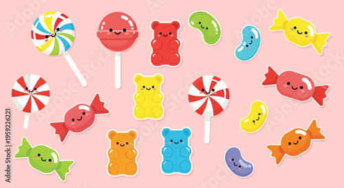 A colorful vector illustration of various candies and sweets on a pink background