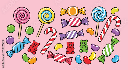 A colorful illustration of various candies and sweets on a pink background