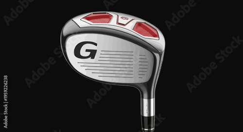 A sleek golf club head with a silver and red design on a black background