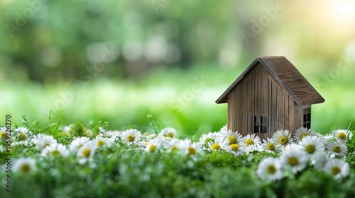 Small wooden house miniature nestled among white daisies in a sunlit meadow, closeup rustic cottage model surrounded by green grass and floral charm