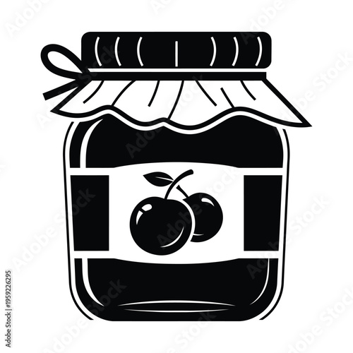 Black and white illustration of a homemade cherry jam jar with a decorative lid and label.